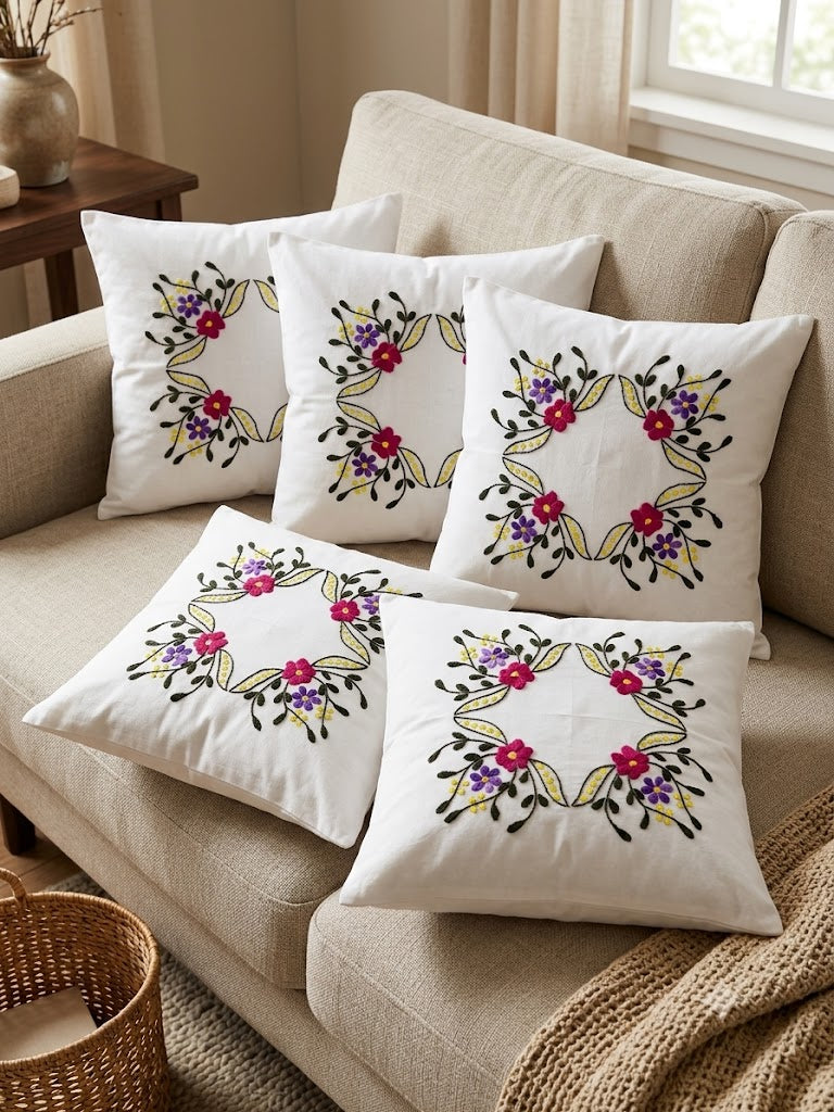 Hand Embroidered Cotton Cushion Covers (Set of 5)