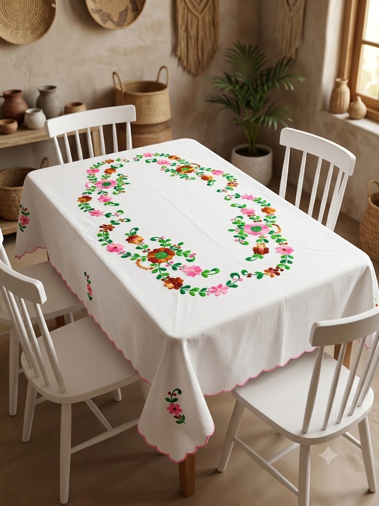 Hand Embroidered Four Seater Floral Table Cover