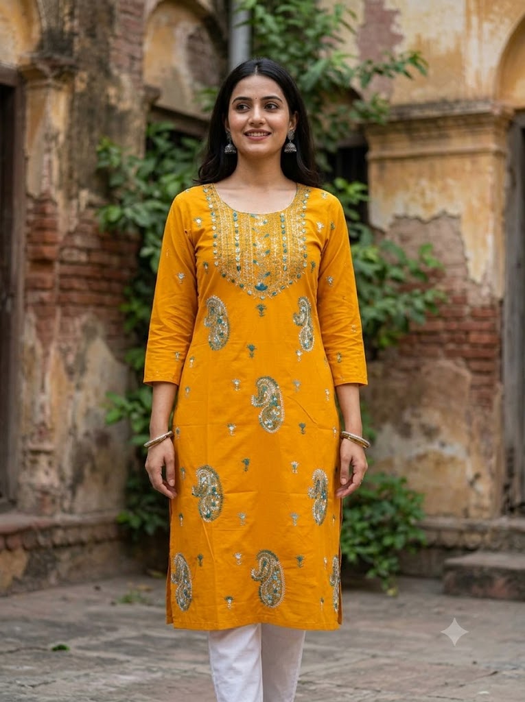 Hand Embroidered Pure Cotton Kurti Material | 3 Meter Premium Fabric | Made in India