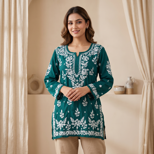 Hand Embroidered Chikankari Short Kurti – 3/4 Sleeve | Modal Fabric - Forest Green