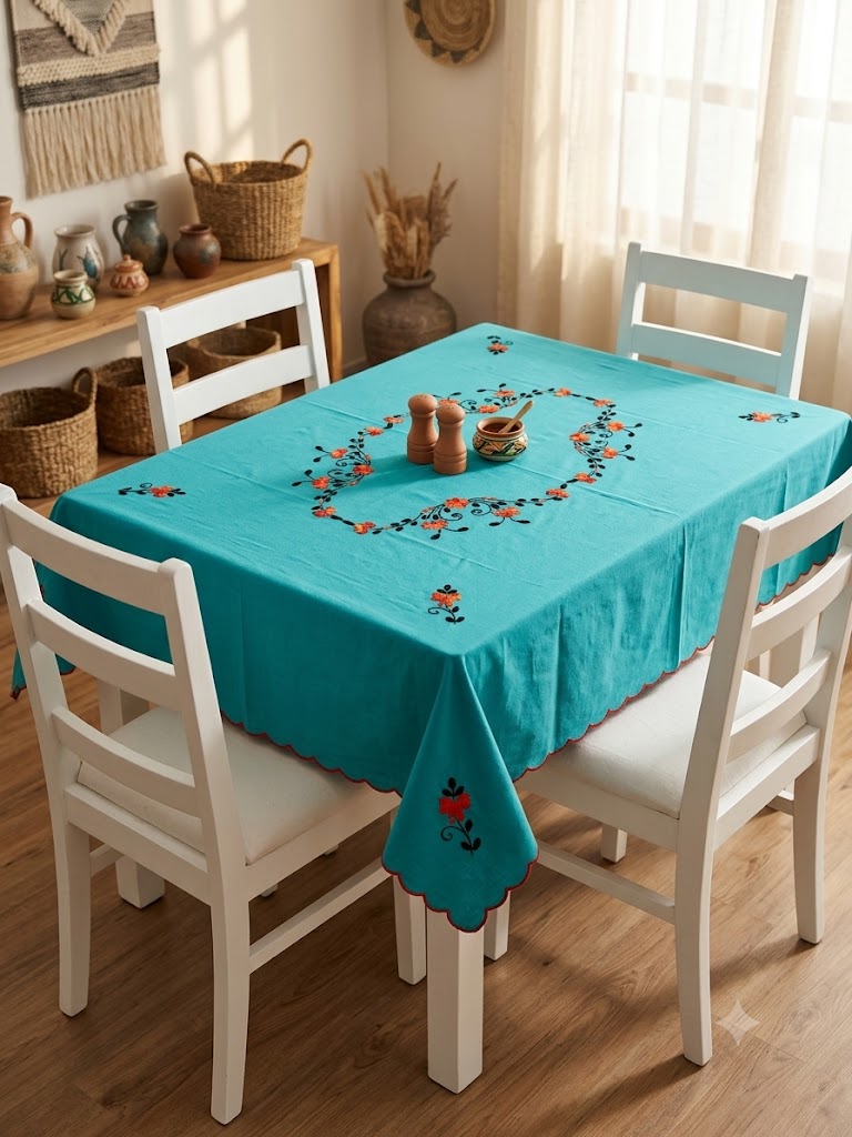 Hand Embroidered Four Seater Floral Table Cover