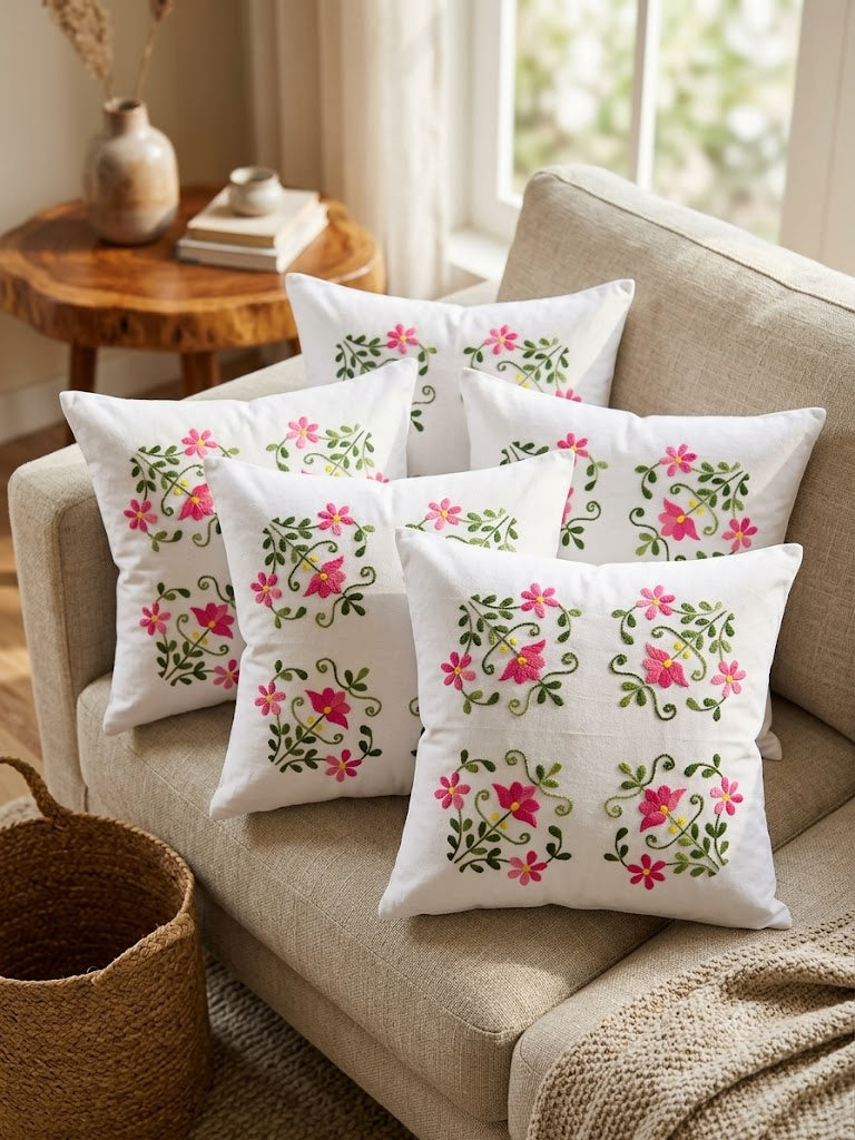 Hand Embroidered Cotton Cushion Covers (Set of 5)