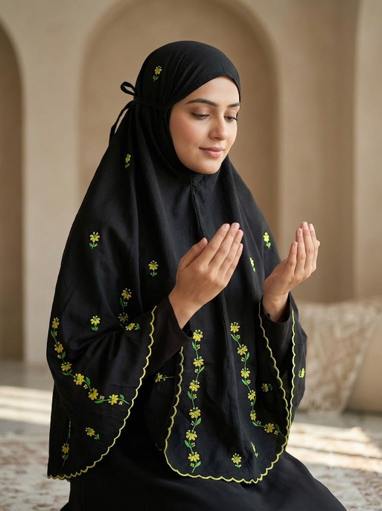 Chikonwala Hand Embroidered Cotton Islamic Namaz Hijab with Floral Embroidery