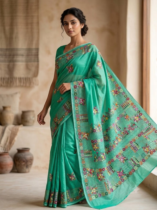 Premium Handcrafted Bullion Stitch Work Chanderi Saree with Blouse Piece
