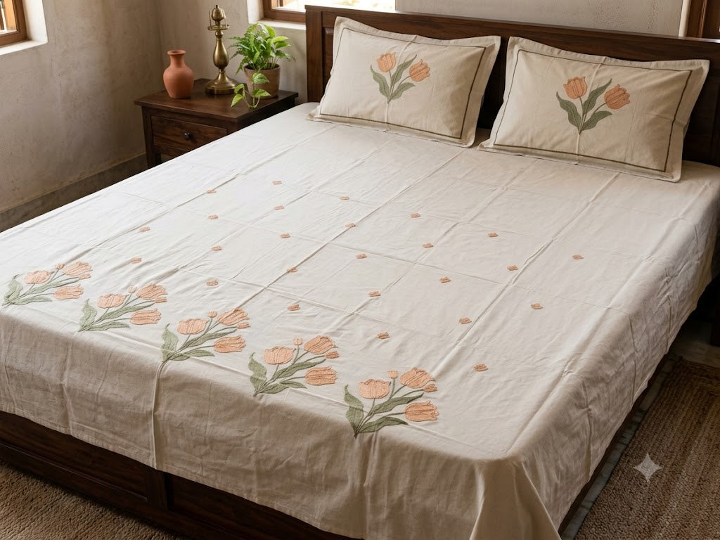 Premium Designer Embroidered Satin Cotton Bedsheet Set