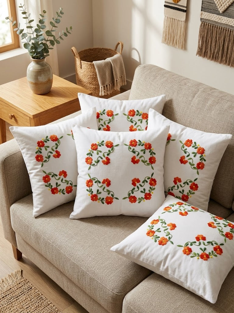 Hand Embroidered Cotton Cushion Covers (Set of 5)