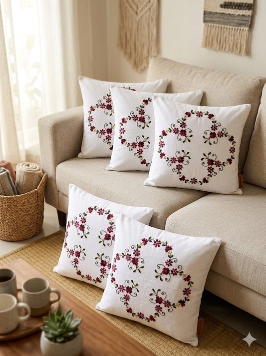 Hand Embroidered Cotton Cushion Covers (Set of 5)