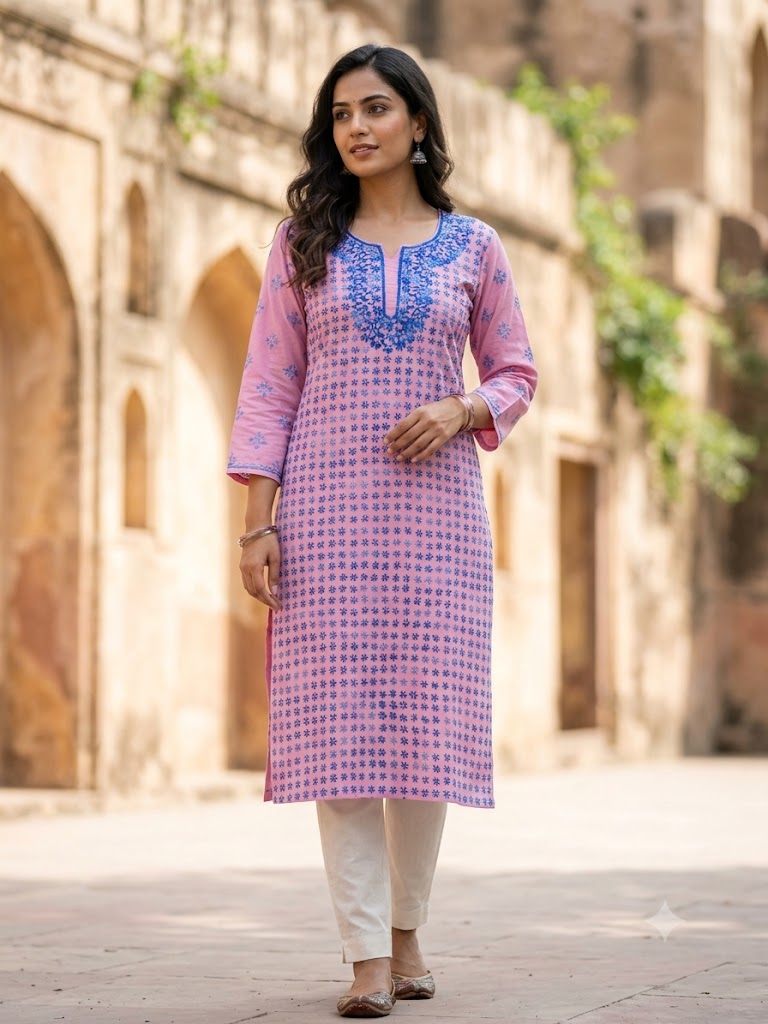 Hand Embroidered Pure Cotton Kurti Material | 3 Meter Premium Fabric | Made in India