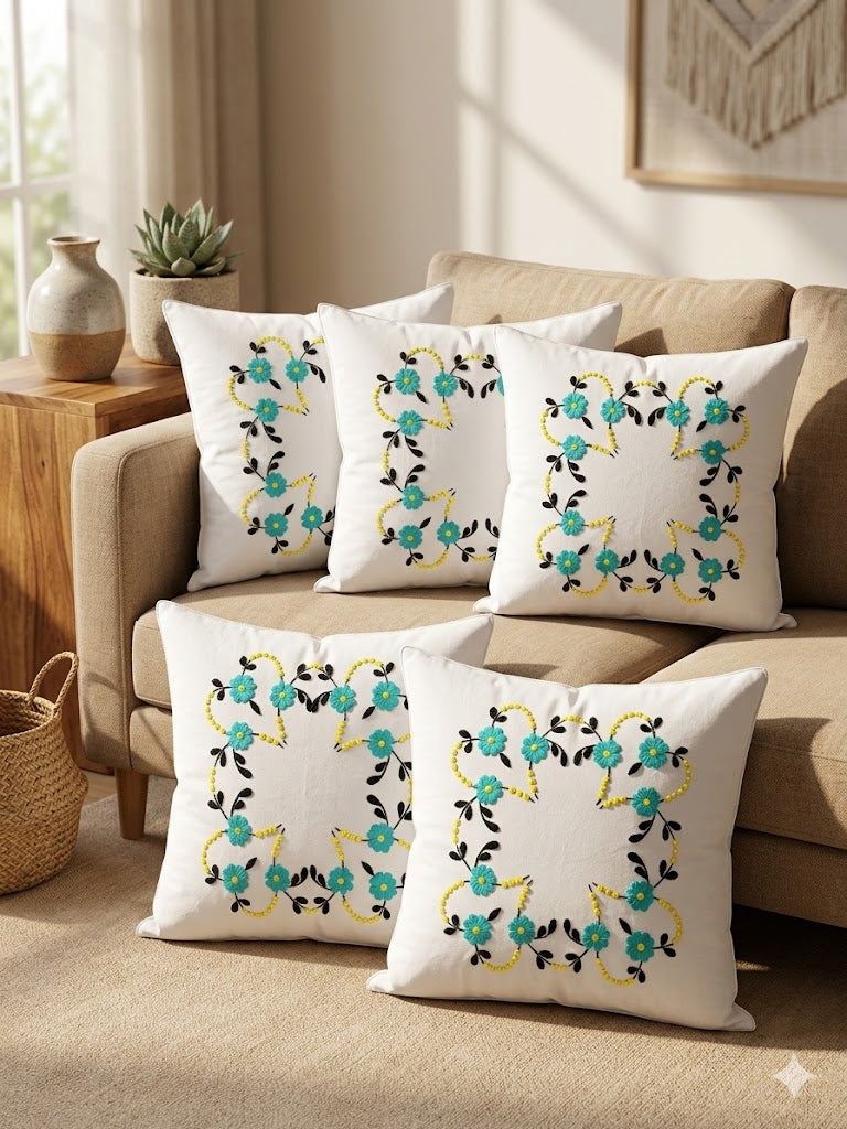 Hand Embroidered Cotton Cushion Covers (Set of 5)