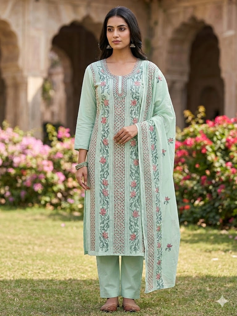 Chikonwala's Exclusive Hand Embroidered Bidding Kantha Dress Material