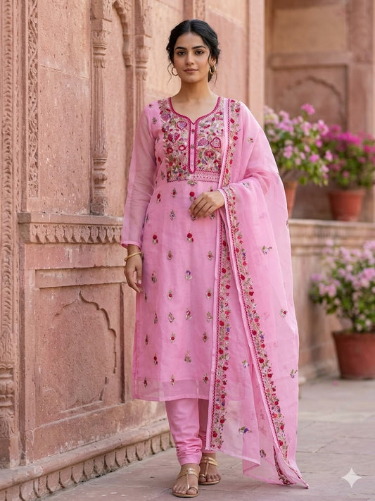 Chikonwala Premium Hand Embroidered Contrast Cotton Chandri Dress Material Set – Pure Cotton | Bullion Stitch Work | 2.5m Top, Bottom & Dupatta