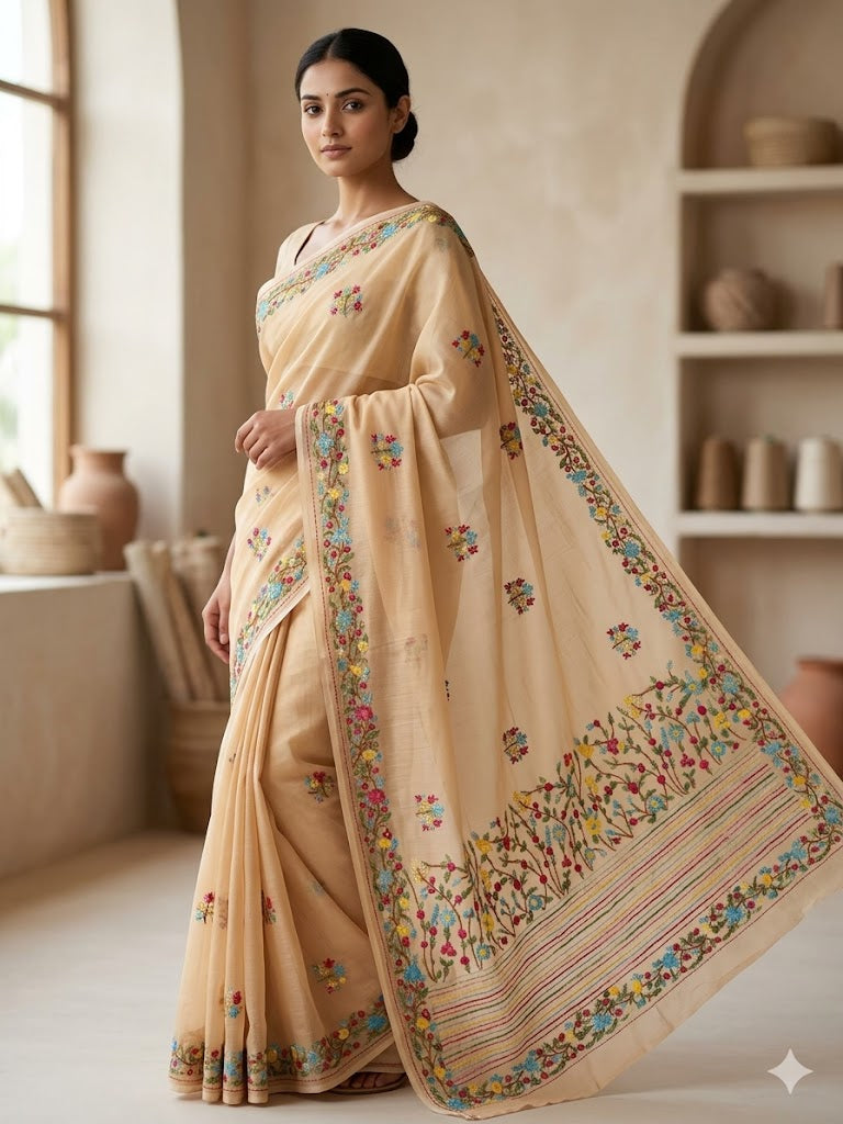 Premium Handcrafted Bullion Stitch Work Chanderi Saree with Blouse Piece