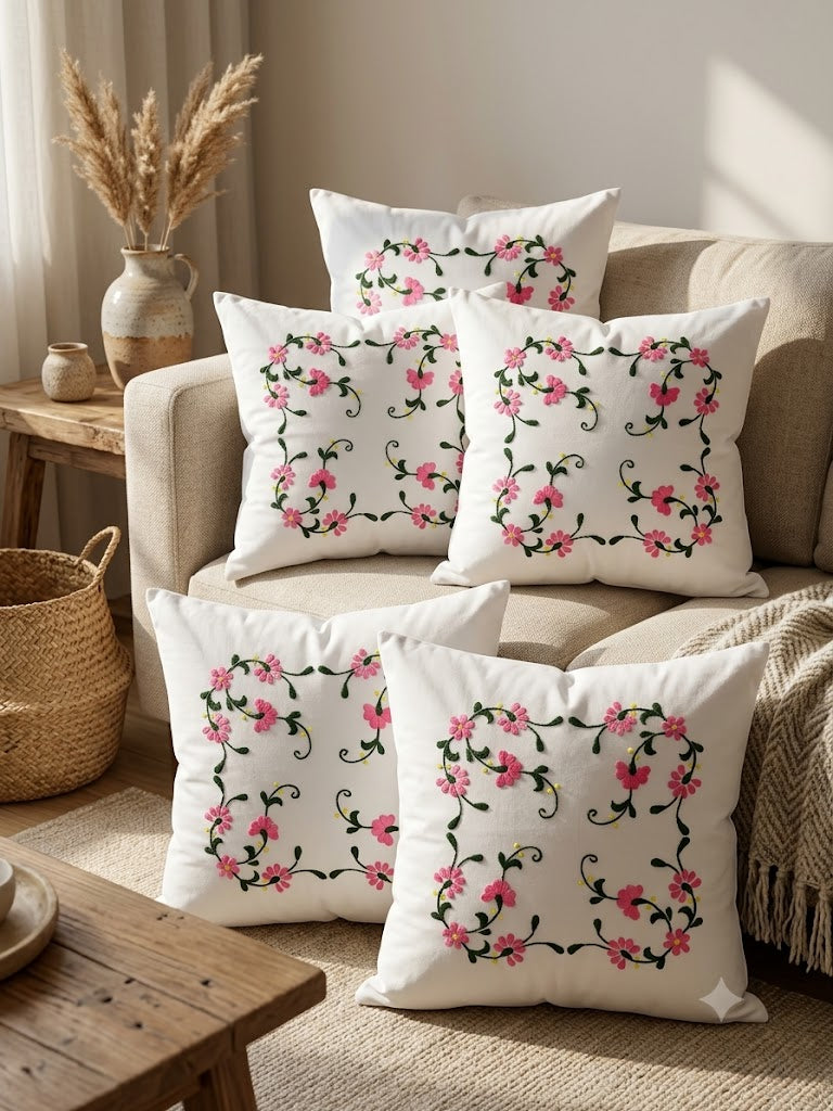Hand Embroidered Cotton Cushion Covers (Set of 5)