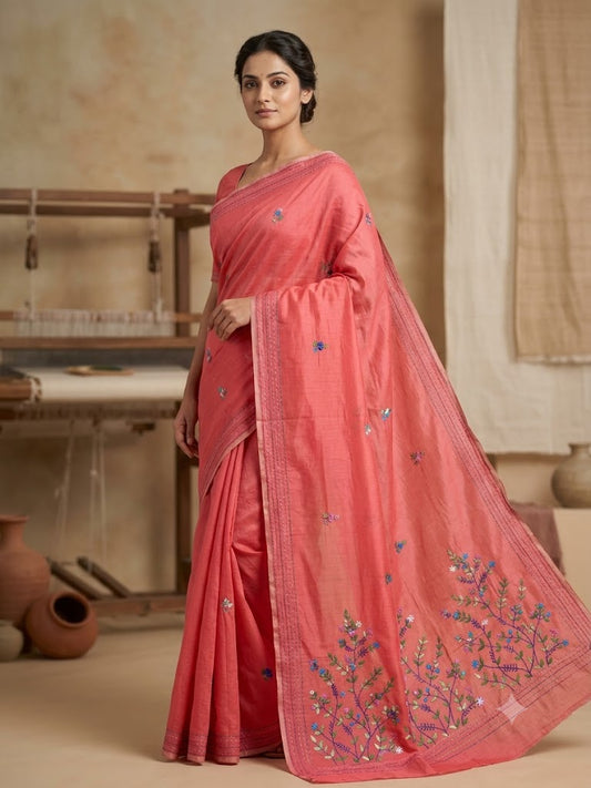 Premium Handcrafted Bullion Stitch Work Chanderi Saree with Blouse Piece