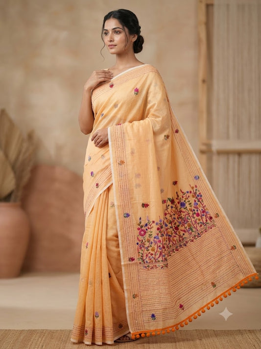 Premium Handcrafted Bullion Stitch Work Chanderi Saree with Blouse Piece