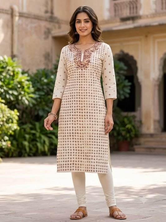 Hand Embroidered Pure Cotton Kurti Material | 3 Meter Premium Fabric | Made in India