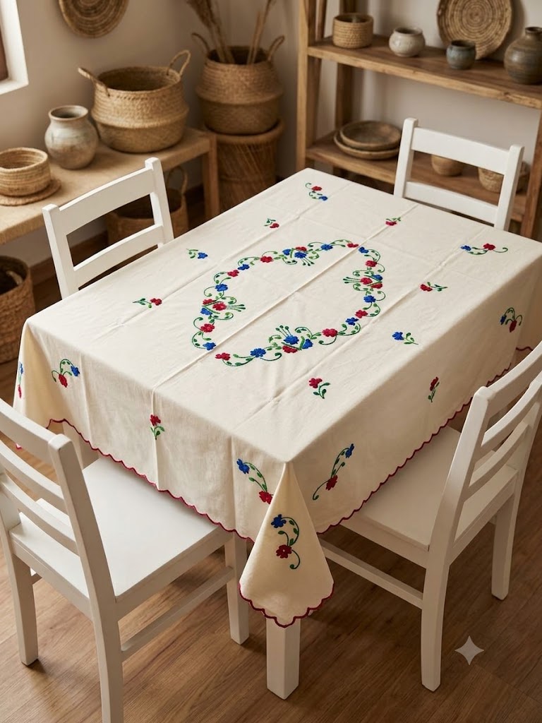 Hand Embroidered Four Seater Floral Table Cover
