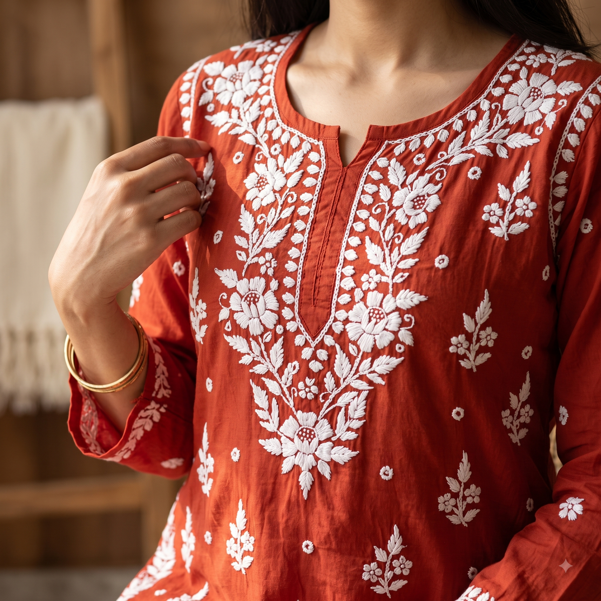 Hand Embroidered Chikankari Short Kurti – 3/4 Sleeve | Modal Fabric - Rust Brick
