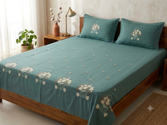 Premium Designer Embroidered Satin Cotton Bedsheet Set
