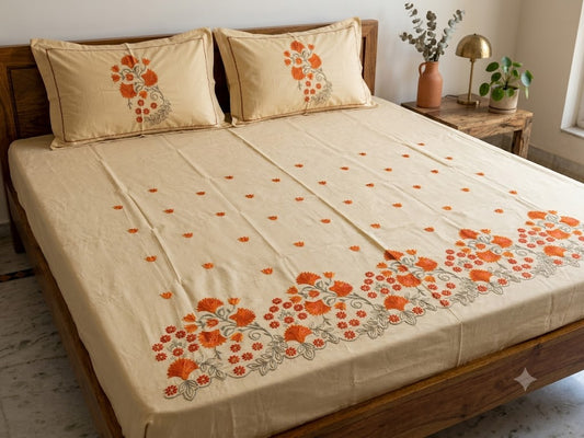 Premium Designer Embroidered Satin Cotton Bedsheet Set