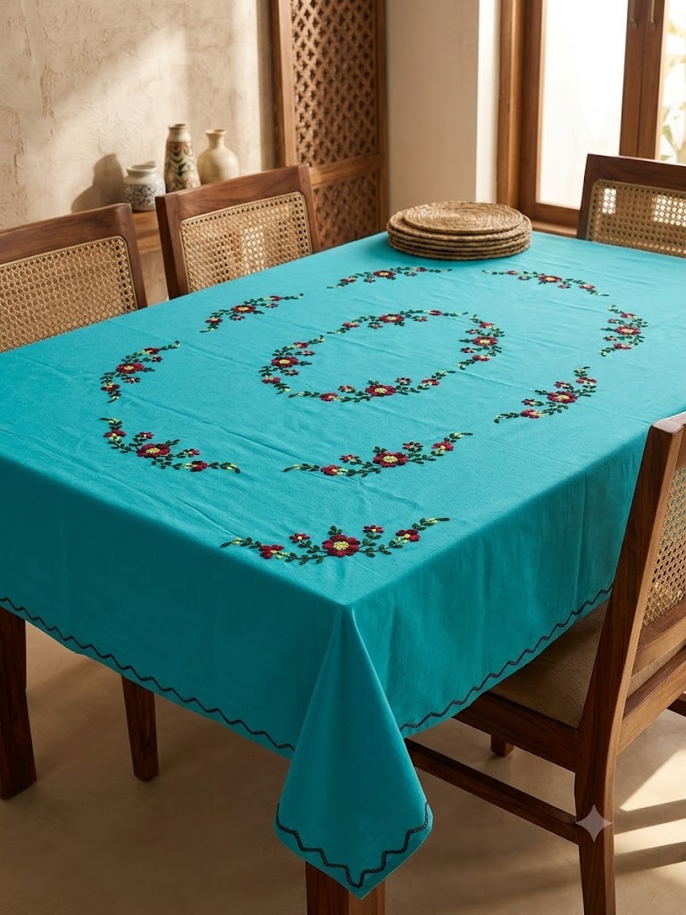 Hand Embroidered Floral Six Seater Table Cover