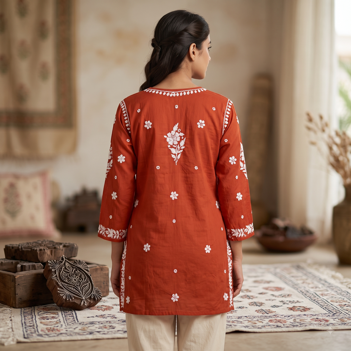 Hand Embroidered Chikankari Short Kurti – 3/4 Sleeve | Modal Fabric - Rust Brick