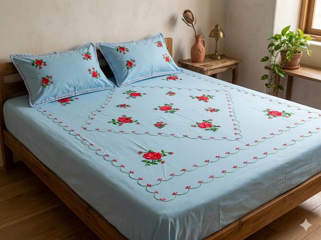 Chikonwala's Hand Embroidered Floral Design Bedsheet