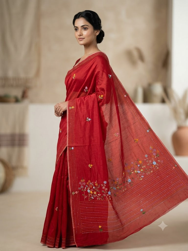Premium Handcrafted Bullion Stitch Work Chanderi Saree with Blouse Piece
