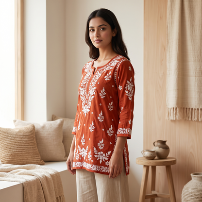 Hand Embroidered Chikankari Short Kurti – 3/4 Sleeve | Modal Fabric - Rust Brick