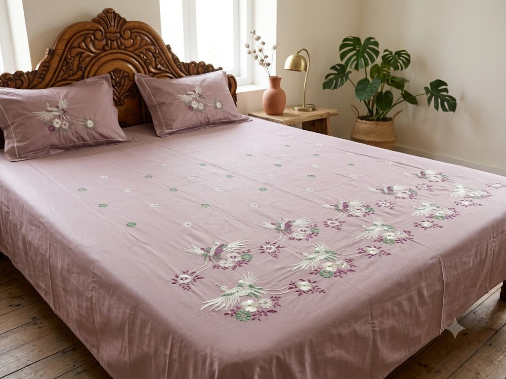 Premium Designer Embroidered Satin Cotton Bedsheet Set