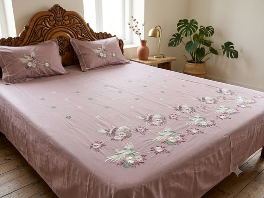 Premium Designer Embroidered Satin Cotton Bedsheet Set