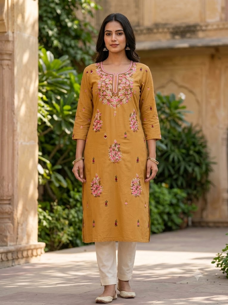 Hand Embroidered Pure Cotton Kurti Material | 3 Meter Premium Fabric | Made in India
