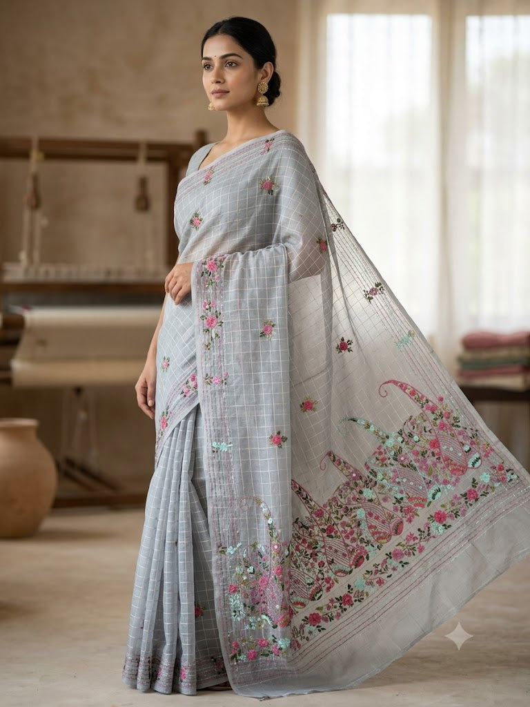Premium Handcrafted Bullion Stitch Work Chanderi Saree with Blouse Piece
