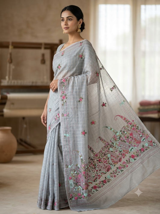 Premium Handcrafted Bullion Stitch Work Chanderi Saree with Blouse Piece