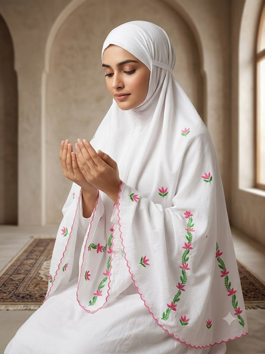 Chikonwala Hand Embroidered Cotton Islamic Namaz Hijab with Floral Embroidery