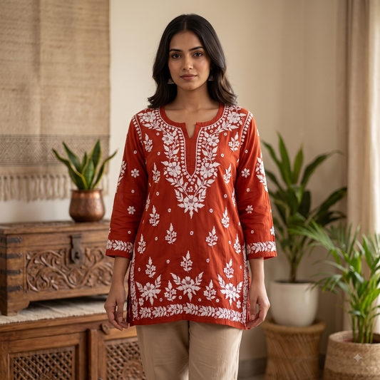 Hand Embroidered Chikankari Short Kurti – 3/4 Sleeve | Modal Fabric - Rust Brick