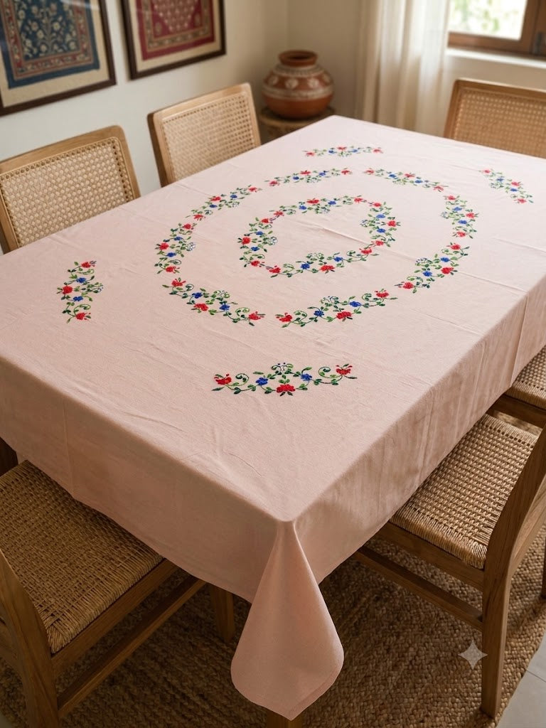 Hand Embroidered Floral Six Seater Table Cover