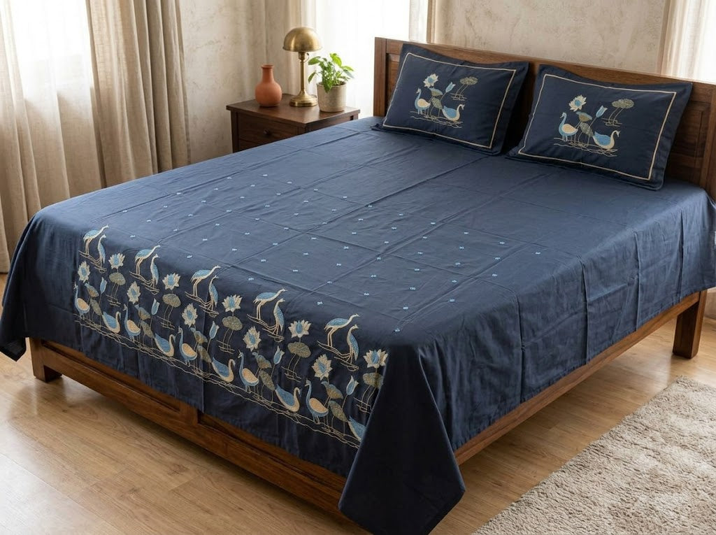 Premium Designer Embroidered Satin Cotton Bedsheet Set