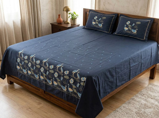 Premium Designer Embroidered Satin Cotton Bedsheet Set