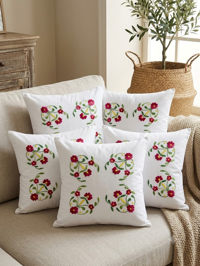 Hand Embroidered Cotton Cushion Covers (Set of 5)