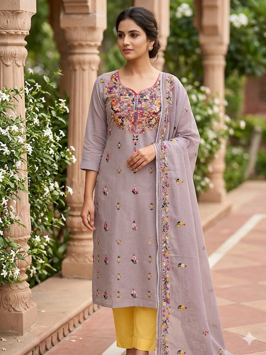 Chikonwala Premium Hand Embroidered Contrast Cotton Chandri Dress Material Set – Pure Cotton | Bullion Stitch Work | 2.5m Top, Bottom & Dupatta