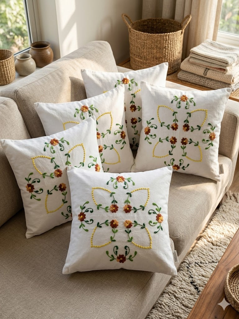 Hand Embroidered Cotton Cushion Covers (Set of 5)