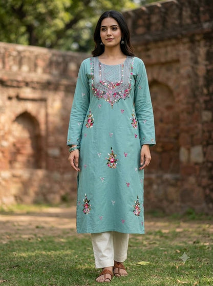 Hand Embroidered Pure Cotton Kurti Material | 3 Meter Premium Fabric | Made in India