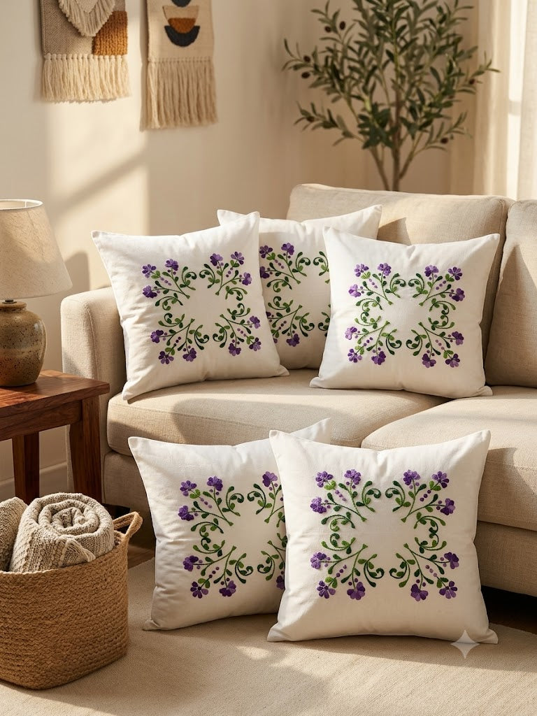 Hand Embroidered Cotton Cushion Covers (Set of 5)
