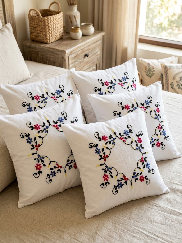 Hand Embroidered Cotton Cushion Covers (Set of 5)