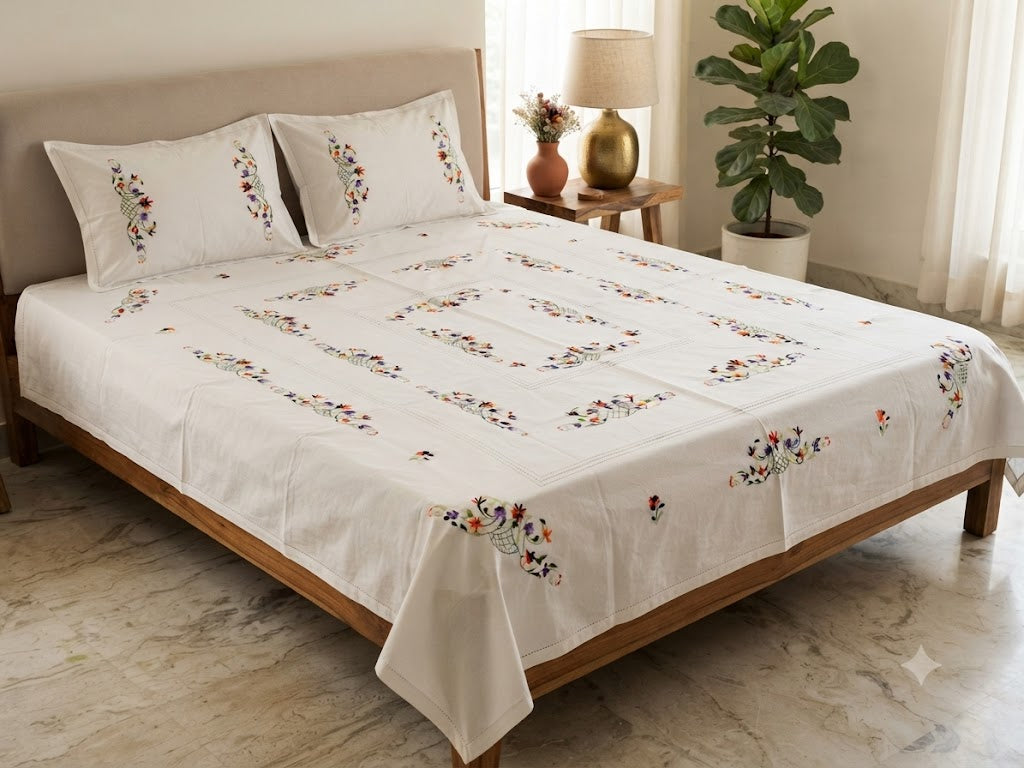 Chikonwala's Floral Embroidered Cotton Beading  Bedsheet