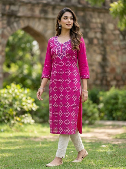 Hand Embroidered Pure Cotton Kurti Material | 3 Meter Premium Fabric | Made in India