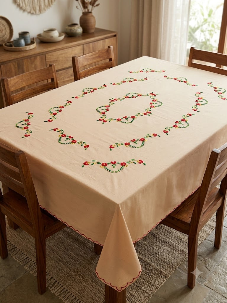 Hand Embroidered Floral Six Seater Table Cover