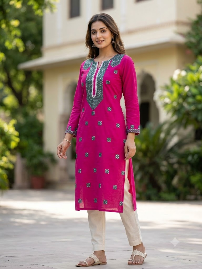 Hand Embroidered Pure Cotton Kurti Material | 3 Meter Premium Fabric | Made in India