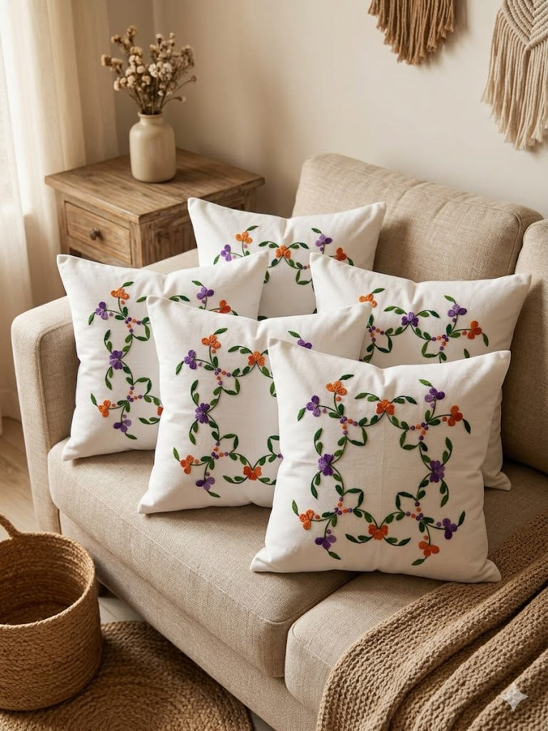 Hand Embroidered Cotton Cushion Covers (Set of 5)
